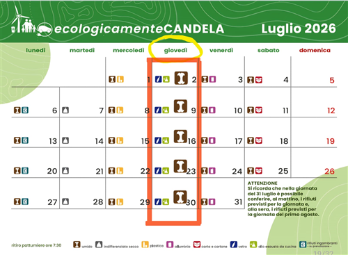 Avviso - Variazione del calendario dei conferimenti per il servizio porta a porta: a luglio ed agosto l'umido potrà essere conferito anche il giovedì